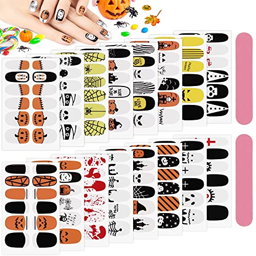 EBANKU Halloween Full Wraps Nagellack Aufkleber mit 2 Nagelfeile, 16 Blatt Selbstklebende 3D Nagel Aufkleber Kürbis Geist Spinnennetz Blut für Weihnachten DIY Nagel Dekoration Nageldesign Zubehör von EBANKU