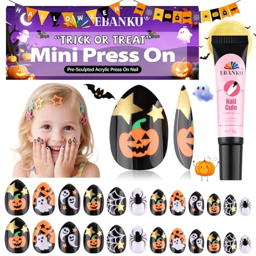 EBANKU Halloween Kinder Aufkleber Nägel, 24-teiliges Mandel Kunstnagel-Set mit vollständiger Abdeckung Kürbis-Wed-Design-Klebenägel mit Nagelkleber für Mädchen von EBANKU
