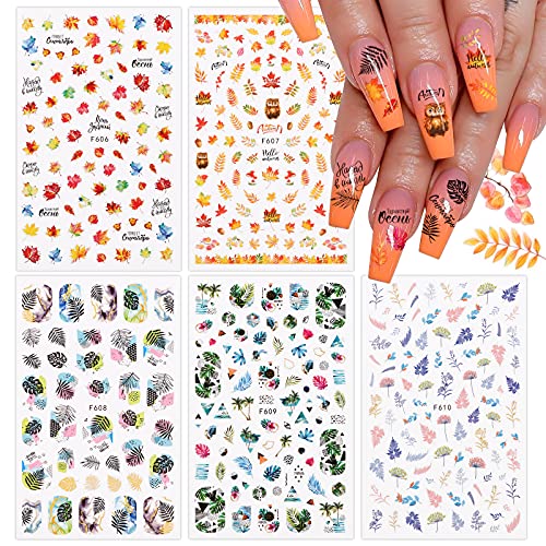 EBANKU Herbst Ahornblatt Nail Art Stickers (5 Blatt), 3D Nagel Sticker Selbstklebende Nagelaufkleber Nail Art Decals Set für Frau Nagel Maniküre Dekoration von EBANKU