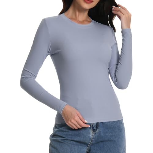 EBANKU Langarmshirts für Damen, Rundhalsausschnitt Basic Tops, eng anliegende schlanke Passform einfarbiges Stretch T-Shirt, Ausgehe Y2K-Kleidung von EBANKU