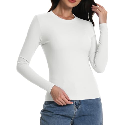EBANKU Langarmshirts für Damen, Rundhalsausschnitt Basic Tops, eng anliegende schlanke Passform einfarbiges Stretch T-Shirt, Ausgehe Y2K-Kleidung von EBANKU