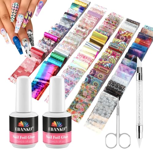 EBANKU Nagelfolie Kleber Gel Set, 30ML Nagelkleber mit 80 Stück Blume Schmetterling Klassische Spitze Transfer Folie Aufkleber für DIY Maniküre oder Salon, UV LED Lampe erforderlich von EBANKU