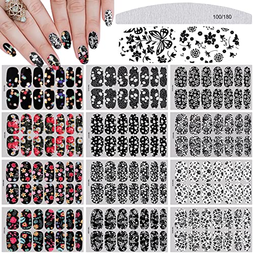 EBANKU Nagellack Aufkleber Selbstklebende mit Nagelfeile, 12 Sheets Schwarze und Weiße Blumen Self-Adhesive Manicure Sticker, Beautiful Fashion DIY Decoration (Blume B) von EBANKU