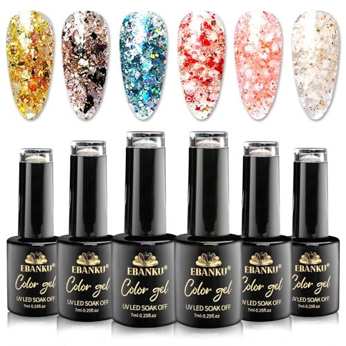 EBANKU Nagellack Glitzer, 6 Farben 7ml Gel Nagellack Glitzer Set Soak-Off UV Gel Nail Polish für Gelnägel Gellack Kit für Anfänger Kunst Salon DIY Weihnachtliche Nagel Dekoration von EBANKU