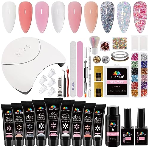 EBANKU Poly Nagellack Gel Set, 9 Farben Poly Nagelgel Nagelverlängerung Kit Gelnägel Starter Set Builder Gel Set mit Lampe, Nagelspitzen, Slip Lösung, Komplette Starter Nagelstudio Set für Frauen von EBANKU