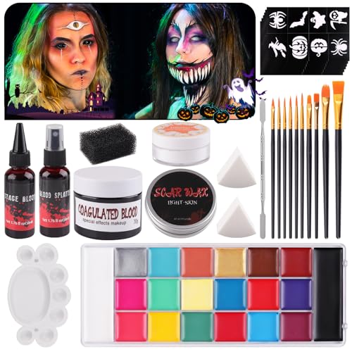 EBANKU Professionelles Gesichts und Körperbemalungsset, Spezialeffekte, SFX Make up Set, 20 Farben, ÖlGesichts und Körperbemalung mit 10 Pinselgrößen, 6 Gesichtsschablonen, Halloween, Cosplay von EBANKU