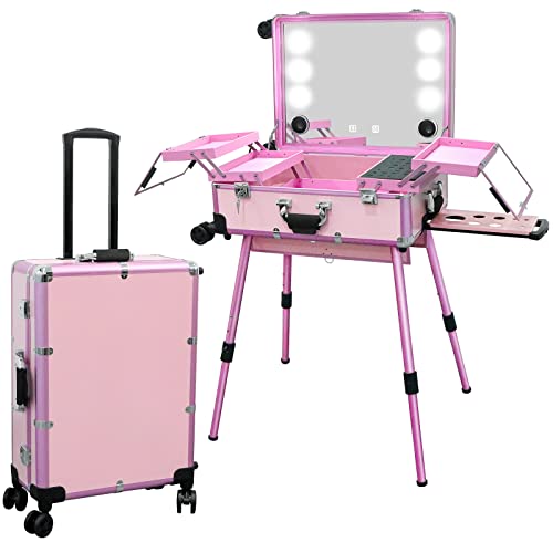 EBANKU Rolling Makeup Train Case, 24 Zoll Aluminium Professionelle Künstler Kosmetik Organizer Box mit Spiegellichtern, Bluetooth Travelling Cosmetic Case (Rosa) von EBANKU