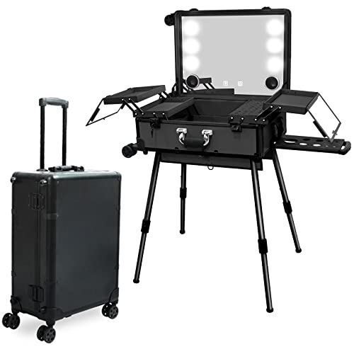 EBANKU Rolling Makeup Train Case, 24 Zoll Aluminium Professionelle Künstler Kosmetik Organizer Box mit Spiegellichtern, Travel Makeup Bag Organizer mit Bluetooth Travelling Cosmetic Case (Schwarz) von EBANKU