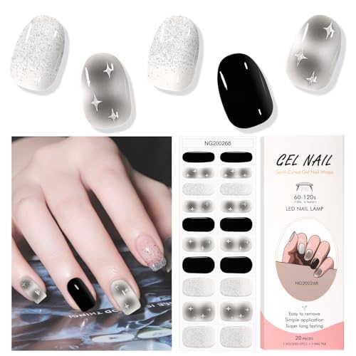 EBANKU UV Gel Nagelfolie, 20 PCS Schwarzer Stern Nagelfolie Selbstklebend | Gel UV Stickers | UV Gel Strips Nagelaufkleber Härtend mit Nagelfeile und Stick fur Frauen Mädchen Nageldekoration von EBANKU