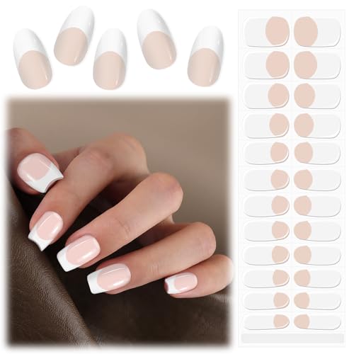 EBANKU UV Gel Nagelfolie, 24 PCS French White Nude Nagelfolie Selbstklebend | Gel UV Stickers | UV Gel Strips Nagelaufkleber Härtend mit Nagelfeile und Stick fur Frauen Mädchen Nageldekoration von EBANKU