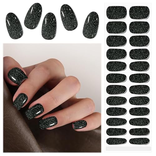 EBANKU UV Gel Nagelfolie, 24 PCS Schwarz Glitzer Nagelfolie Selbstklebend | Gel UV Stickers | UV Gel Strips Nagelaufkleber Härtend mit Nagelfeile und Stick fur Frauen Mädchen Nageldekoration von EBANKU