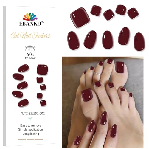 EBANKU UV Gel Nagelfolie, 24PCS Dunkel Rot Nagelfolie Selbstklebend | Gel UV Stickers | 28PCS Pedi UV Gel Strips Nagelaufkleber Härtend mit Nagelfeile und Stick fur Frauen Mädchen Nageldekoration von EBANKU