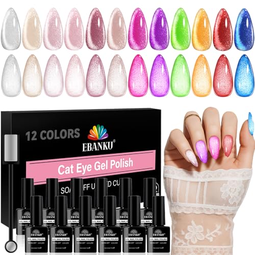 EBANKU UV Nagellack Set Magnetisch, 12 Farben Neon Cat Eye Gel Nagellack Katzenauge mit Magnet, Rosa Blau Lila Rot Soak Off Gel Nail Polish Cateye für Nail Art Maniküre von EBANKU
