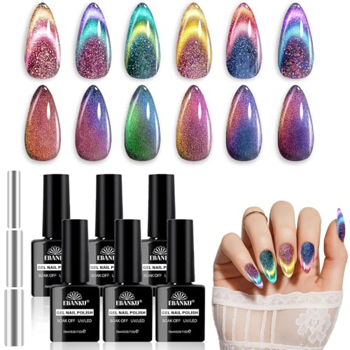 EBANKU UV Nagellack Set Magnetisch, 6 Farben Chameleon Cat Eye Gel Nagellack Katzenauge mit Magnet, Blau Lila Pink Rot Soak Off Gel Nail Polish Cateye für Nail Art Maniküre von EBANKU
