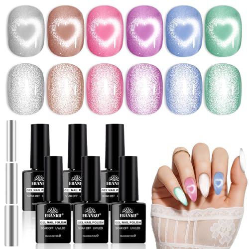 EBANKU UV Nagellack Set Magnetisch, 6 Farben Holographic Cat Eye Gel Nagellack Katzenauge mit Magnet, Rosa Blau Lila Soak Off Gel Nail Polish Cateye für Nail Art Maniküre von EBANKU