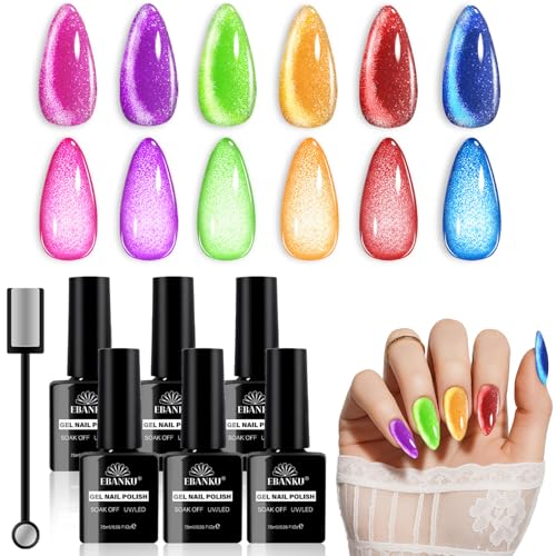EBANKU UV Nagellack Set Magnetisch, 6 Farben Sommer Neon Cat Eye Gel Nagellack Katzenauge mit Magnet, Rot Pink Lila Blau Grün Soak Off Gel Nail Polish Cateye für Nail Art Maniküre von EBANKU