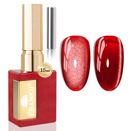 EBANKU UV Nagellack Set Magnetisch, Holographic Cat Eye Gel Nagellack Katzenauge mit Magnet, Schimmer Glitzer Durchscheinend Jelly Gel Nail Polish Cateye für Nail Art Maniküre(Rot) von EBANKU