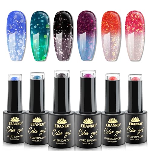 EBANKU UV Nagellack Thermo, 6 Farben Glitzer UV Farbwechsel Gel Nagellack Set, Thermo Shellac Nagellack Soak Off Chameleon Gel Polish Set für Nagelkunst von EBANKU