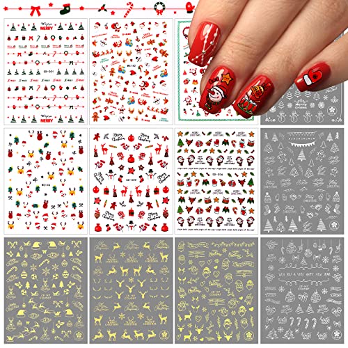 EBANKU Weihnachten Nagelsticker, 12 Blatt Nagel Sticker Nail Art Sticker Schneeflocken Schneemann Elch Nagelsticker Selbstklebend Kunst Aufkleber Maniküre Weihnachten Deko (Gold+Silber) von EBANKU