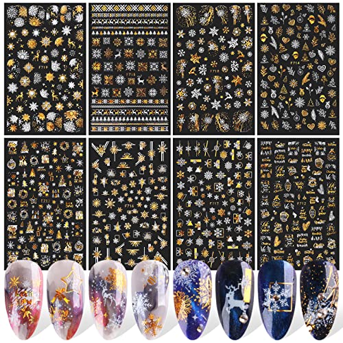 EBANKU Weihnachten Nailart Sticker, 8 Stück Laser Selbstklebend Nagelsticker, DIY Nagelkunst Nageldeko Aufkleber Folien für Maniküre Dekoration (Gold+Silber) von EBANKU