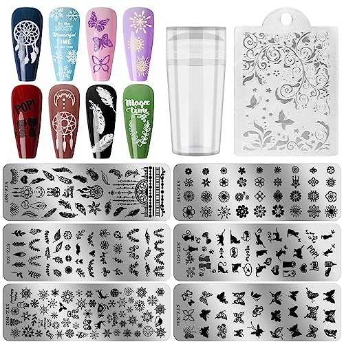 Ebanku 6 Pcs Nagelstempel Set Maniküre Stempel Schablonen, Nail Art Stamping Plates Platten Santa Snowflakes Rentier Strumpf Weihnachtsbaum Strumpf Muster Bild für DIY Maniküre Salon von EBANKU