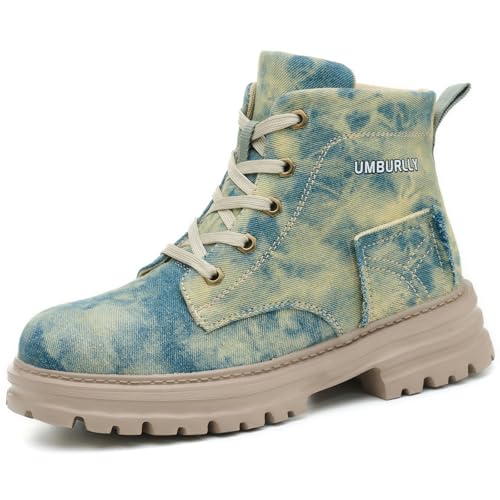 EBGRF Bequem Sicherheitsstiefel für Damen : Leicht Atmungsaktiv Tie Dyeing Segeltuch Arbeitsschuhe High-top Stahlkappenschuhe rutschfest Arbeitsstiefel von EBGRF