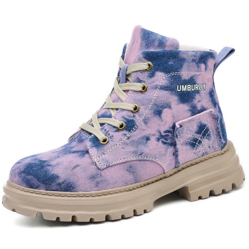 EBGRF Bequem Sicherheitsstiefel für Damen : Leicht Atmungsaktiv Tie Dyeing Segeltuch Arbeitsschuhe High-top Stahlkappenschuhe rutschfest Arbeitsstiefel von EBGRF
