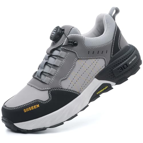 EBGRF Sicherheitsschuhe für Herren Leicht Atmungsaktiv Arbeitsschuhe rutschfest Sportlich Stahlkappenschuhe Bequem Schutzschuhe mit Drehknopf-Schnürung von EBGRF