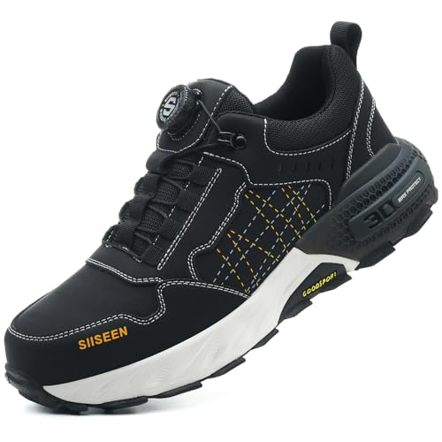 EBGRF Sicherheitsschuhe für Herren Leicht Atmungsaktiv Arbeitsschuhe rutschfest Sportlich Stahlkappenschuhe Bequem Schutzschuhe mit Drehknopf-Schnürung von EBGRF