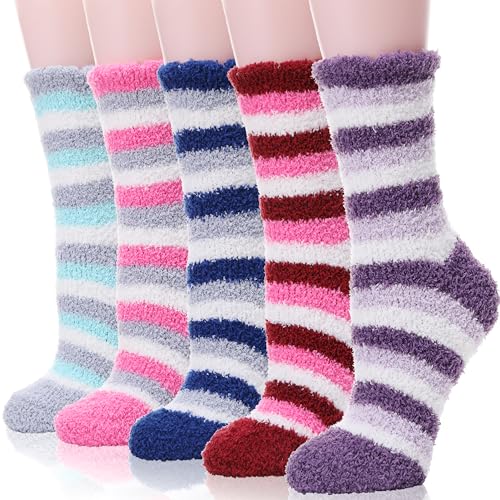 EBMORE Damen Flauschige Kuschelsocken Warme Wintersocken Bettsocken Weiche Weihnachtssocken Geschenke Plüsch Haussocken für Erwachsene(Dunkle Streifen (6 Paare)) von EBMORE