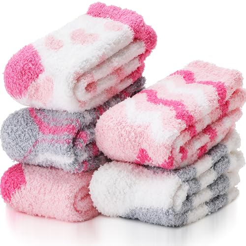 EBMORE Damen Flauschige Kuschelsocken Warme Wintersocken Bettsocken Weiche Weihnachtssocken Geschenke Plüsch Haussocken für Erwachsene(Grau&Rosa (6 Paare)) von EBMORE