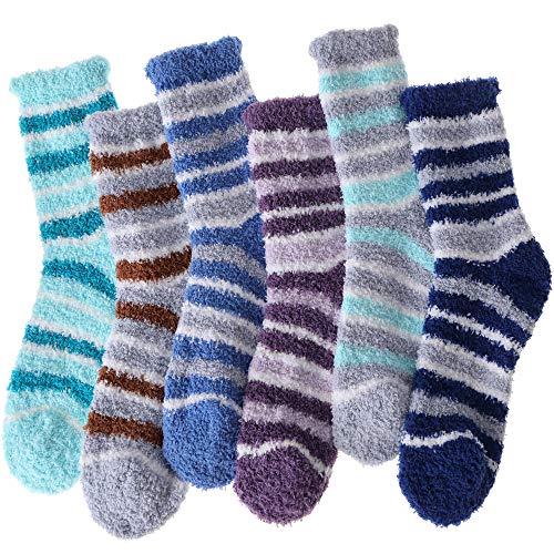 EBMORE Damen Kuschelsocken Warme Haussocken Flauschige Wintersocken Dicke Socken Geschenke Bettsocken Weihnachtssocken 6 Paar(Klein gestreift (6 Paar)) von EBMORE