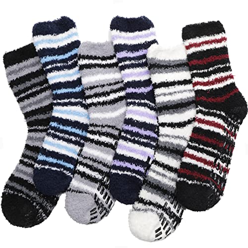 EBMORE Damen Kuschelsocken Warme Haussocken Flauschige Wintersocken Dicke Socken Geschenke Bettsocken Weihnachtssocken 6 Paar(Streifen A (6 Paare)) von EBMORE