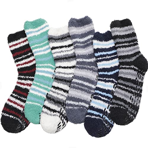 EBMORE Damen Kuschelsocken Warme Haussocken Flauschige Wintersocken Dicke Socken Geschenke Bettsocken Weihnachtssocken 6 Paar(Streifen B (6 Paare)) von EBMORE