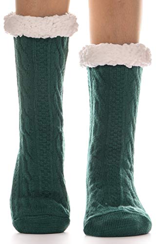 EBMORE Damen Kuschelsocken Warme Stoppersocken Rutschsichere Hausschuhe Dicke Socken Winter Hüttensocken Geschenk Flauschig Weihnachtssocken(Grün) von EBMORE