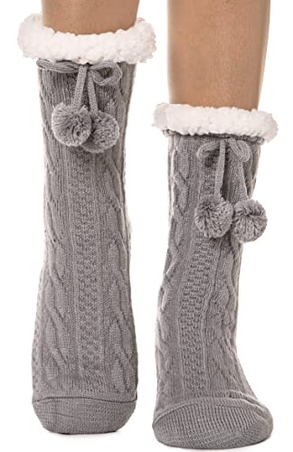 EBMORE Damen Kuschelsocken Warme Stoppersocken Rutschsichere Hüttensocken ABS Sohle Weihnachtssocken Socken Geschenke für Frauen Weihnachten Winter Christmas Socks (Ball Grau) von EBMORE