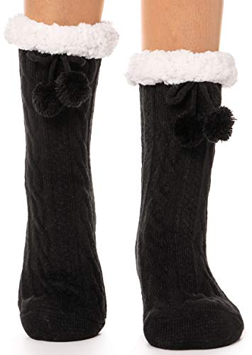 EBMORE Damen Kuschelsocken Warme Stoppersocken Rutschsichere Hu?ttensocken Winter Geschenk Flauschig Weihnachtssocken Hausschuhe Socken(Ball Schwarz) von EBMORE