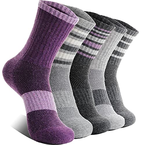 EBMORE Damen Merino Wollsocken Thermosocken Wandersocken Warmesocken Wintersocken Dick Wolle Sportsocken Arbeitssocken für Outdoor 5 Paar Geschenke(Streifen A Violett,M) von EBMORE