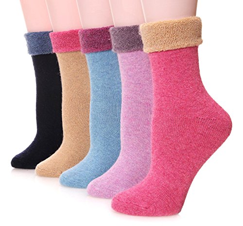 EBMORE Damen Wollsocken Merino Warme Dicke Wolle Geschenke Socken Wandersocken Thermosocken Wintersocken für Damen 5 Paar(Manschette-Rosa) von EBMORE