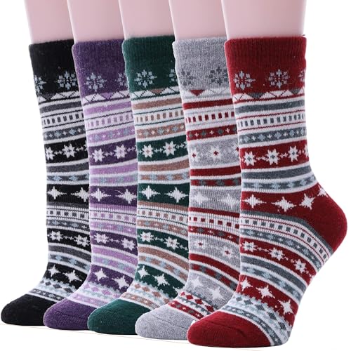 EBMORE Damen Wollsocken Merino Warme Wandersocken Dicke Winter Wolle Geschenke Socken Thermosocken Wintersocken für Damen 5 Paar(Streifen) von EBMORE