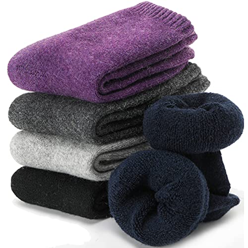 EBMORE Damen Wollsocken Merino Warme Wolle Socken Dicke Wandersocken Thermosocken Wintersocken Geschenke für Damen 5 Paar(Lila/Blau/Grau/Schwarz) von EBMORE