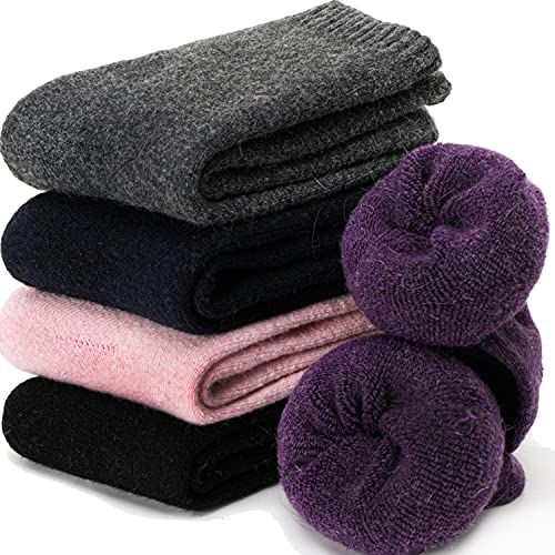 EBMORE Damen Wollsocken Merino Warme Wolle Socken Dicke Wandersocken Thermosocken Wintersocken Geschenke für Damen 5 Paar(Lila/Rosa/Blau/Grau/Schwarz) von EBMORE