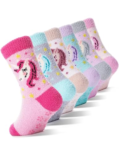 EBMORE Stoppersocken Kinder Kuschelsocken Mädchen Dicke Socken Warme Anti Rutsch Wintersocken Flauschige Bettsocken Geschenke Haussocken 6 Paare(Einhorn,1-3 Jahre) von EBMORE