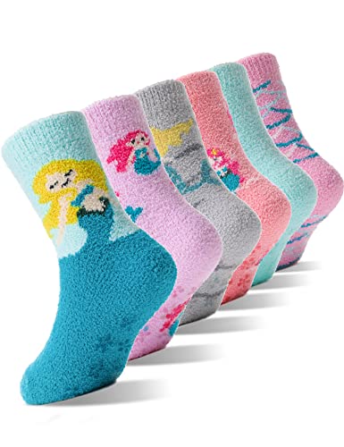 EBMORE Stoppersocken Kinder Kuschelsocken Mädchen Dicke Socken Warme Anti Rutsch Wintersocken Flauschige Bettsocken Geschenke Haussocken 6 Paare(Meerjungfrau,8-12 Jahre) von EBMORE