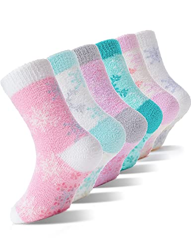 EBMORE Stoppersocken Kinder Kuschelsocken Mädchen Dicke Socken Warme Anti Rutsch Wintersocken Flauschige Bettsocken Geschenke Haussocken 6 Paare(Schneeflocke,4-7 Jahre) von EBMORE