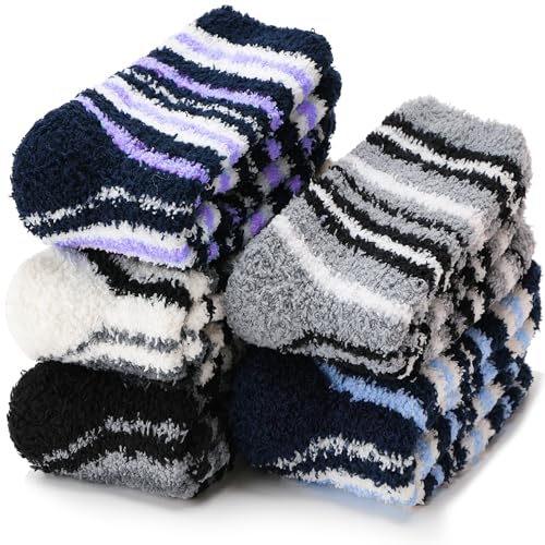 EBMORE Kuschelsocken für Herren Damen Stoppersocken Warme Antirutschsocken Geschenke Haussocken Flauschige Weihnachtssocken 6 Paar(Blau gestreift A (6 Paare)) von EBMORE