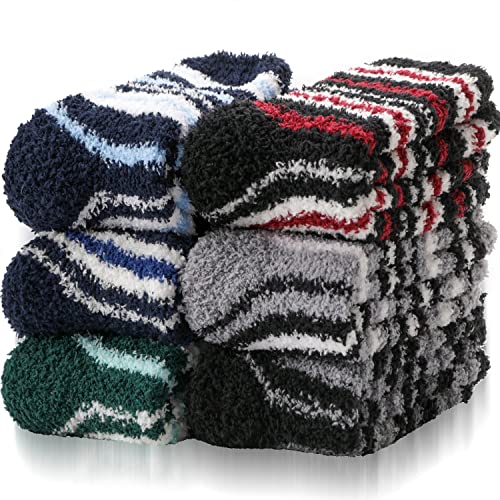 EBMORE Kuschelsocken für Herren Damen Stoppersocken Warme Antirutschsocken Geschenke Haussocken Flauschige Weihnachtssocken 6 Paar(Grau gestreift A (6 Paare)) von EBMORE