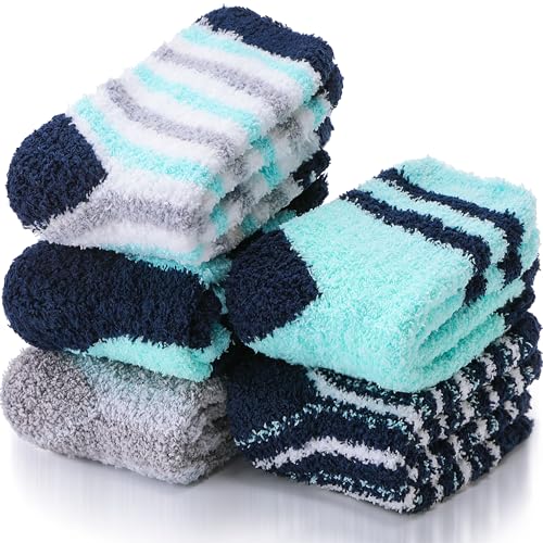 EBMORE Kuschelsocken für Herren Damen Stoppersocken Warme Antirutschsocken Geschenke Haussocken Flauschige Weihnachtssocken 6 Paar(Sortiert Blau (6 Paare)) von EBMORE