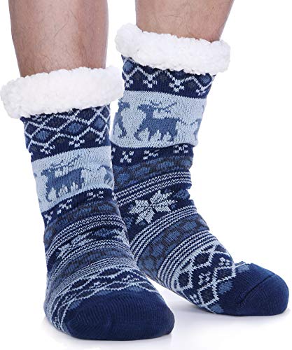 EBMORE Kuschelsocken für Herren Dicke Stoppersocken Warme Wintersocken Hüttensocken Flauschig Weihnachtssocken Hausschuhe Geschenk Socken(Blauer Hirsch) von EBMORE