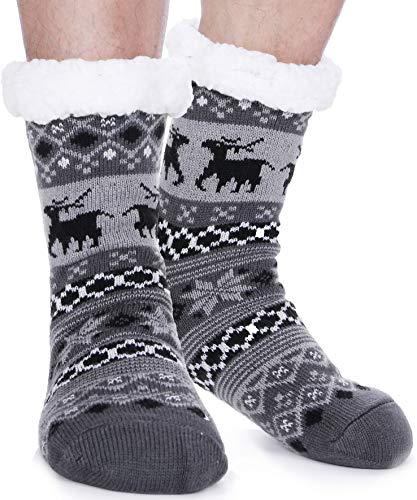 EBMORE Kuschelsocken für Herren Dicke Stoppersocken Warme Wintersocken Hüttensocken Flauschig Weihnachtssocken Hausschuhe Geschenk Socken(Grau Hirsch) von EBMORE